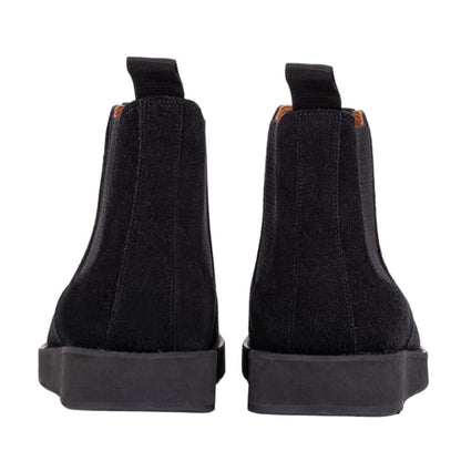 Black QUIVE London Mayfair suede Chelsea boots, heel view