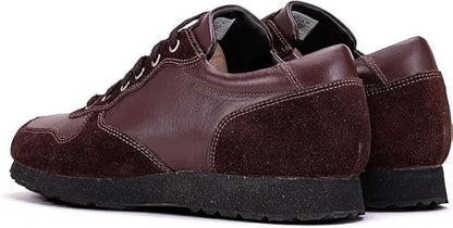Burgundy QUIVE London Belgravia leather trainers in a rear three-quarter view