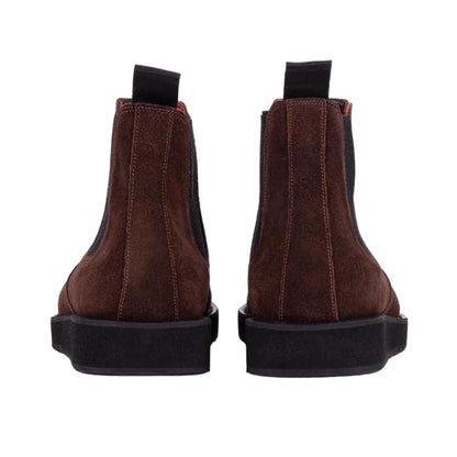 Brown QUIVE London Mayfair suede Chelsea boots, heel view