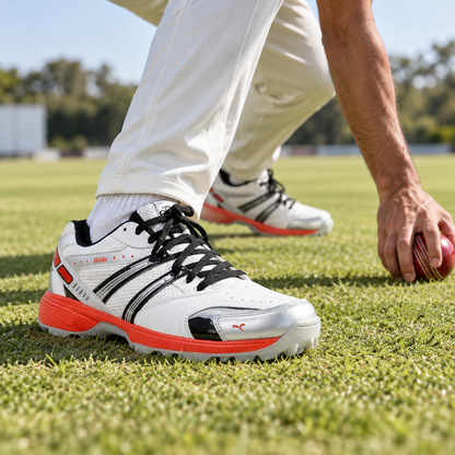 White and red SEGA Glide cricket training shoes worn during a fielding drill