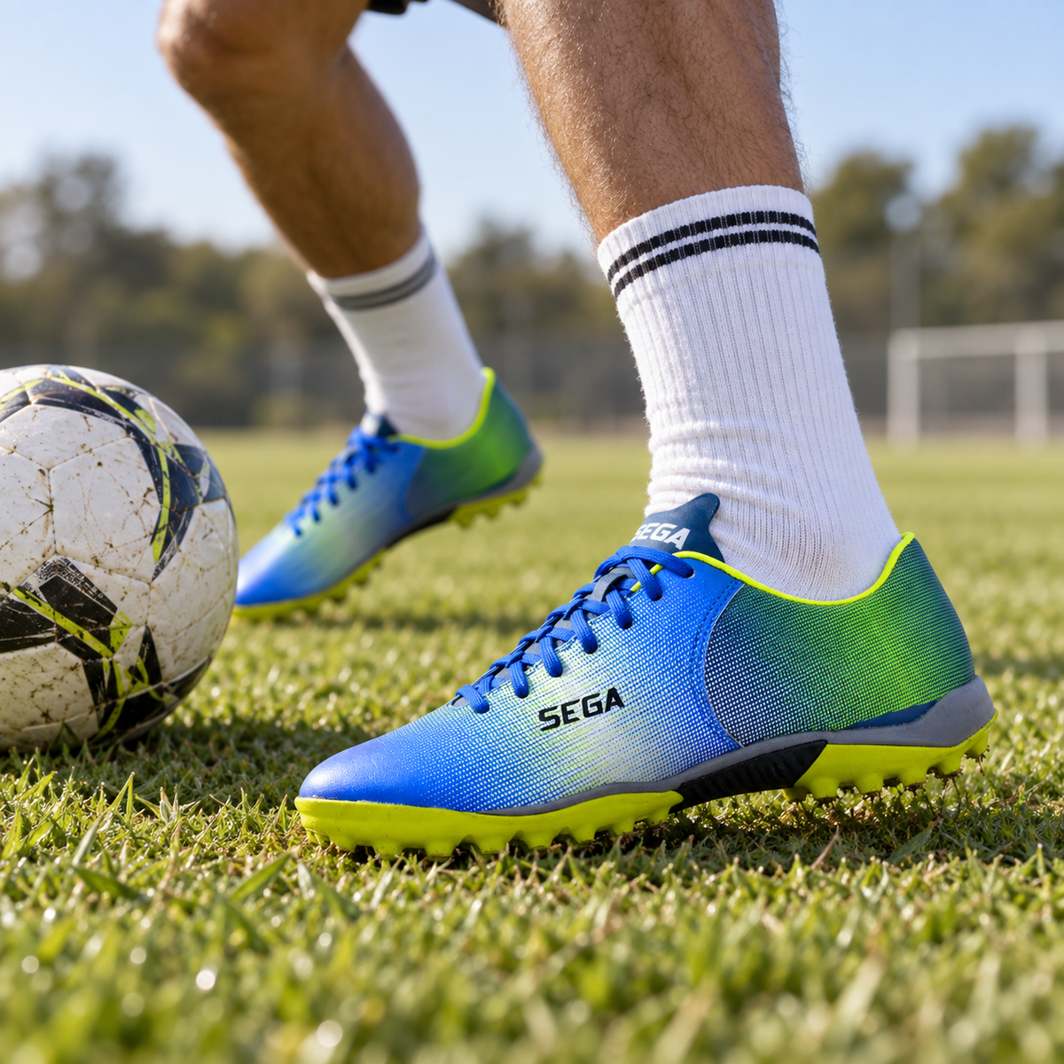 Blue and lime SEGA Legend football boots worn during a grass-pitch control drill
