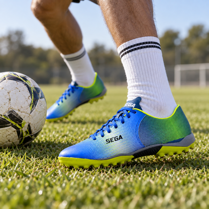 Blue and lime SEGA Legend football boots worn during a grass-pitch control drill