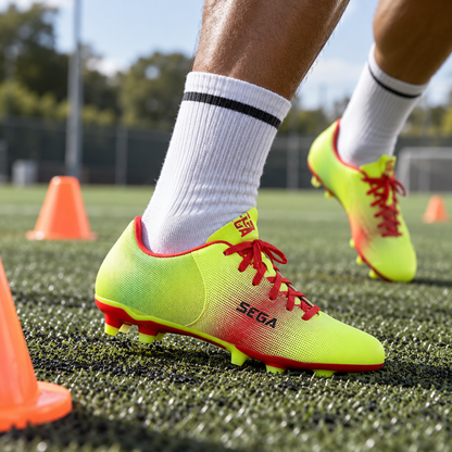Lime and red SEGA Legend football boots worn during a training-cone drill