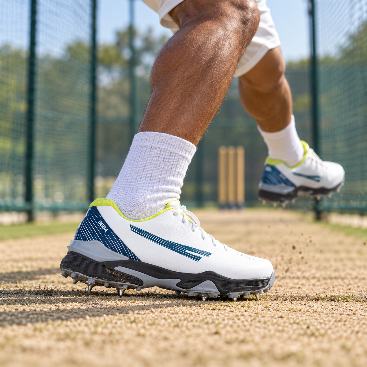 White and navy SEGA P-25 metal-spike cricket shoes worn during a bowling run-up