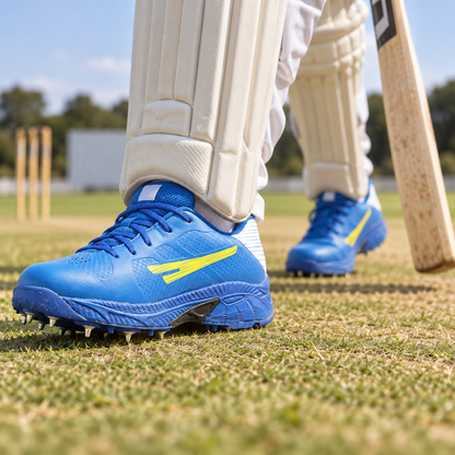 Blue SEGA P-25 metal-spike cricket shoes worn walking toward the crease