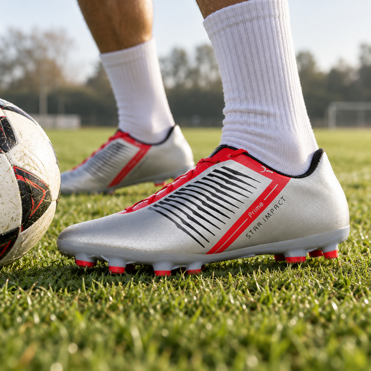 Silver and red SEGA Prime football boots worn during a grass-pitch control drill