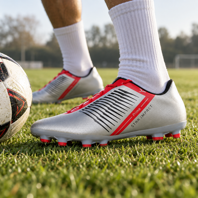 Silver and red SEGA Prime football boots worn during a grass-pitch control drill