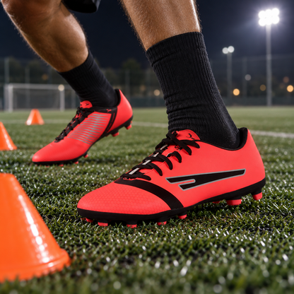 Red SEGA Prime football boots worn during an evening agility drill