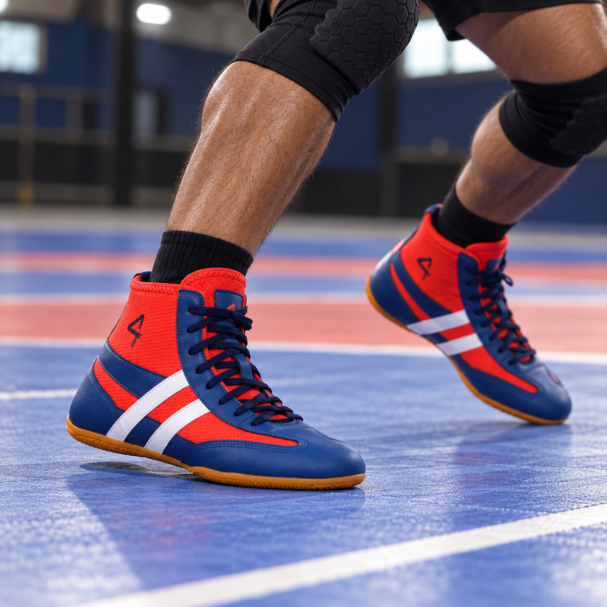 Red and navy SEGA QUIVE Kabaddi high-top shoes worn during court training