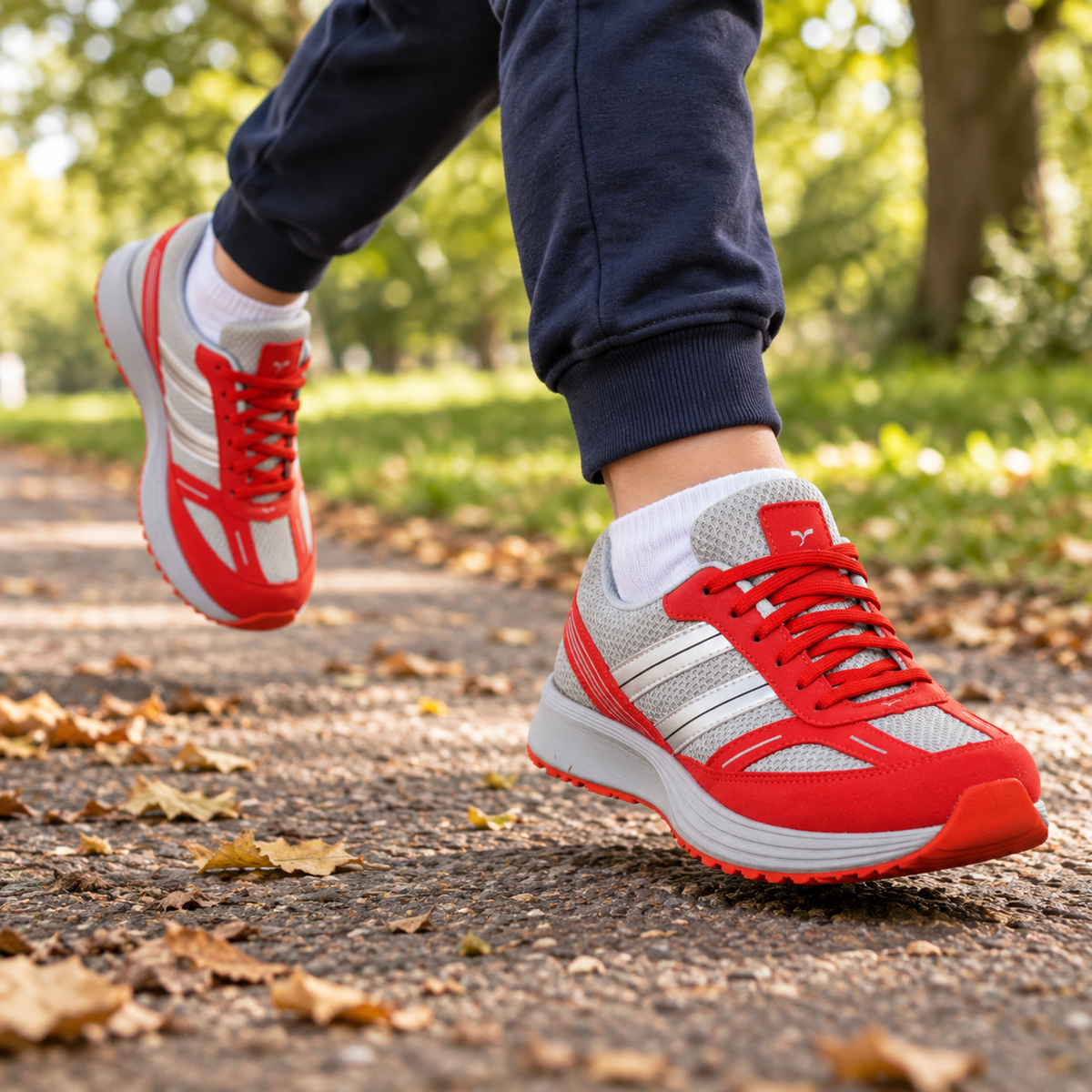 Red and grey SEGA QUIVE Kids' Marathon trainers worn on a park run
