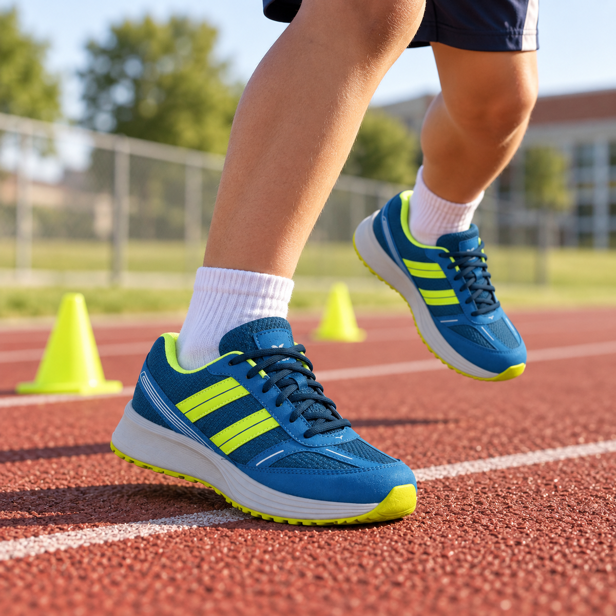 Blue and lime SEGA QUIVE Kids' Marathon trainers worn during track training