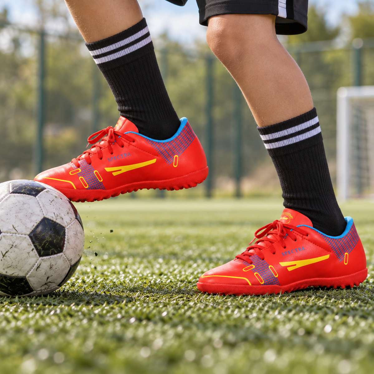 Red SEGA QUIVE Kids' Spectra football trainers worn during close-control practice