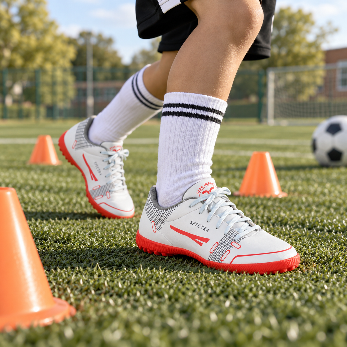 White and red SEGA QUIVE Kids' Spectra football trainers worn in a cone drill