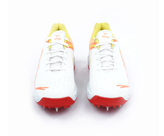 SEGA CL 60 Men's Detachable Metal Spikes Cricket Shoes in white, orange and red, alternate view 2