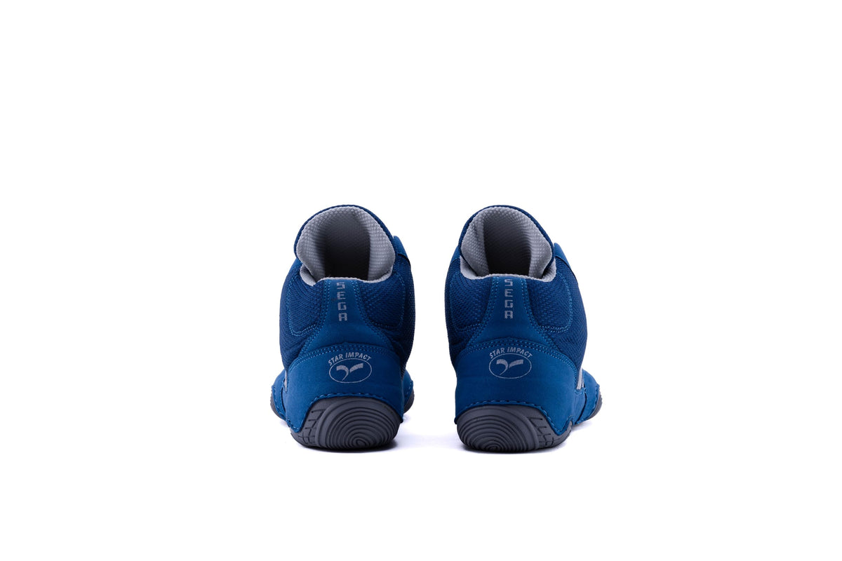 Dark blue SEGA QUIVE Ring high-top shoes, heel view