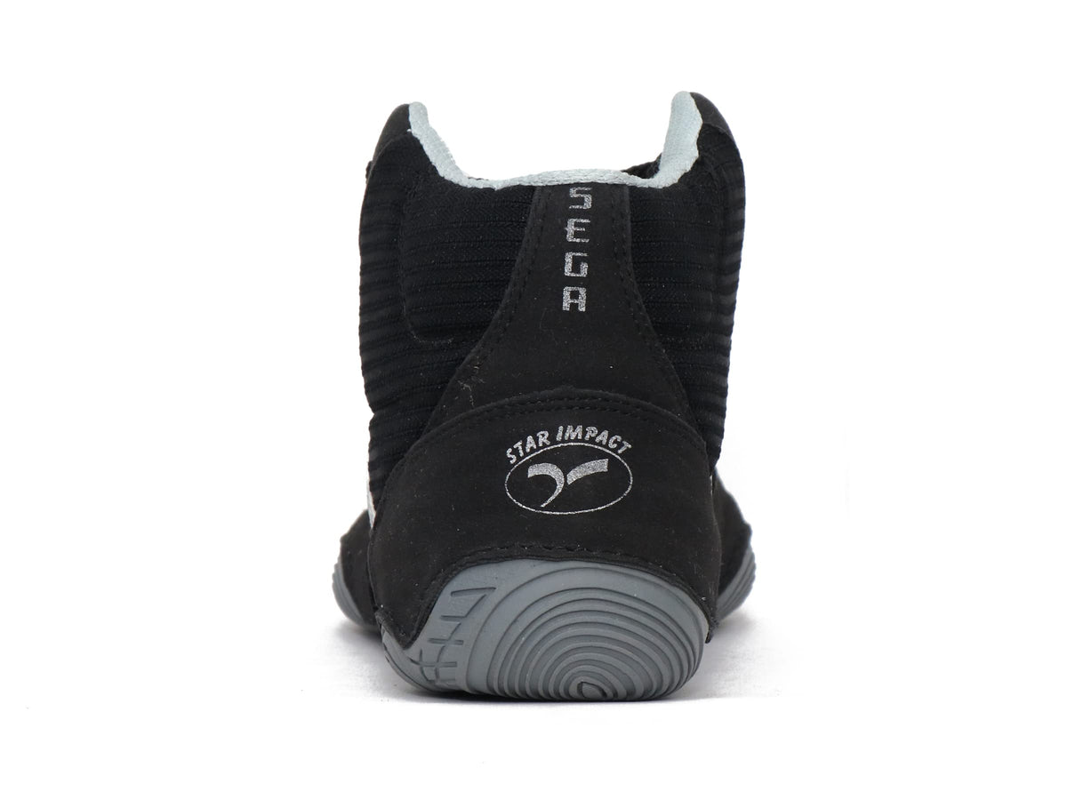 Black SEGA QUIVE Ring high-top shoe, heel view
