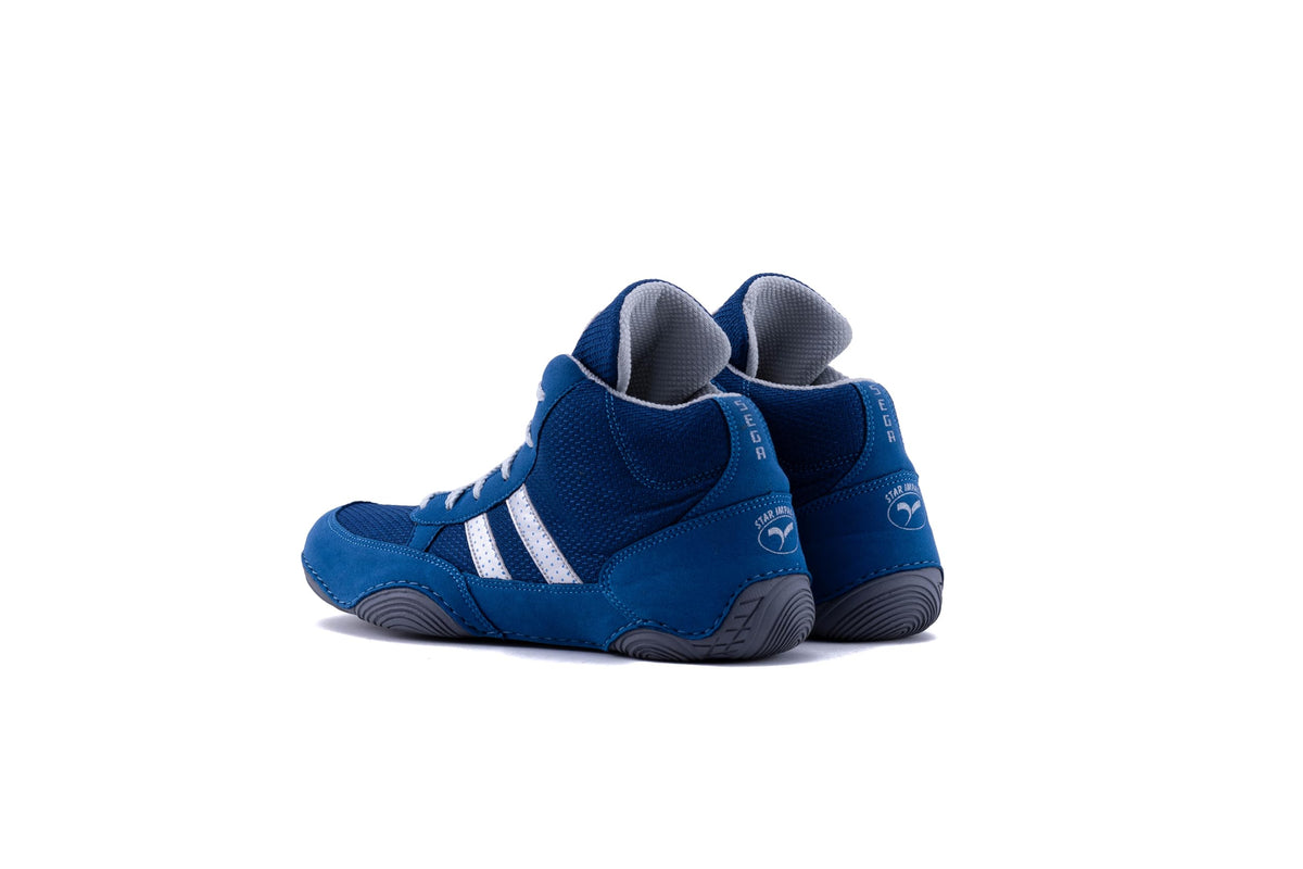 Dark blue SEGA QUIVE Ring high-top shoes in a rear three-quarter view