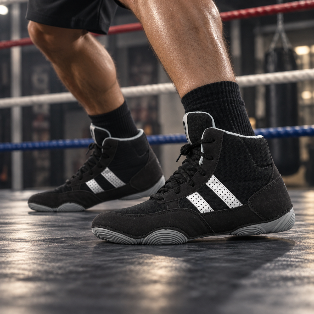 Black SEGA QUIVE Ring high-top shoes worn during boxing footwork