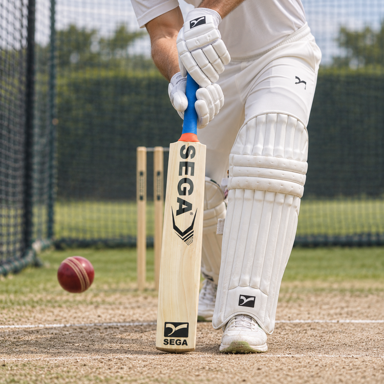SEGA S7 English willow cricket bat used for a defensive shot in the nets