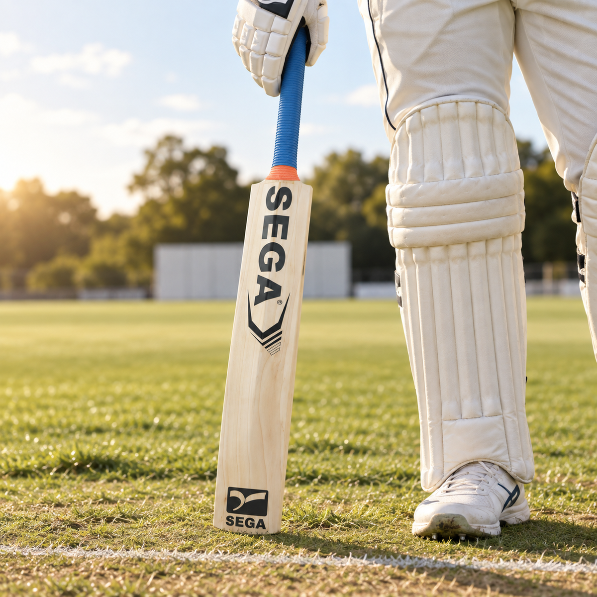 SEGA S7 English willow cricket bat held at a sunlit grass crease