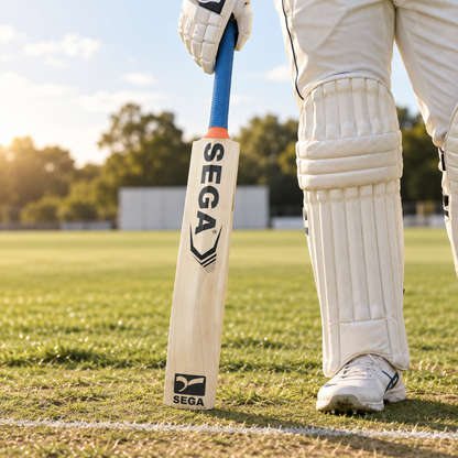 SEGA S7 English willow cricket bat held at a sunlit grass crease