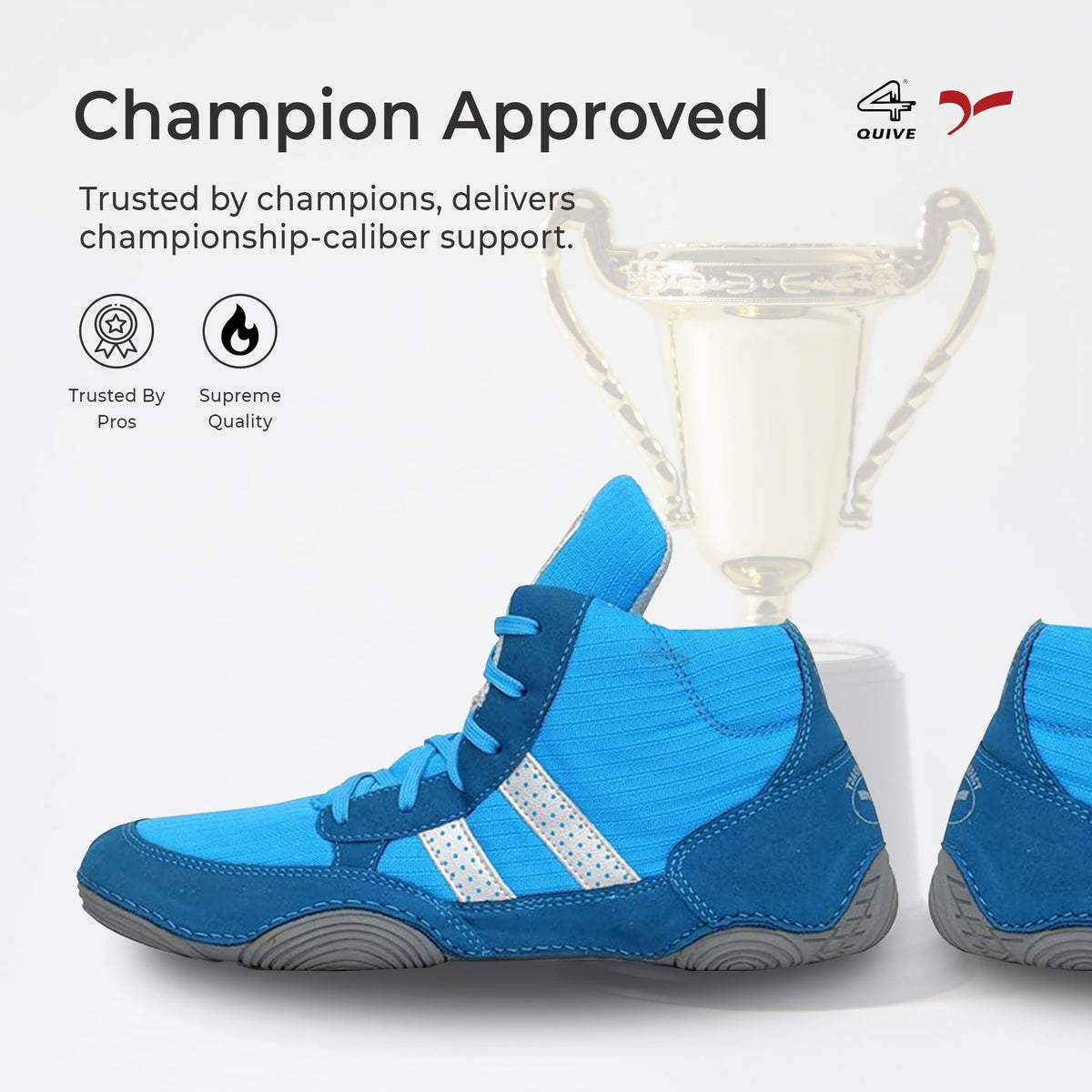 Blue SEGA QUIVE Ring high-top shoes in side view with a trophy backdrop