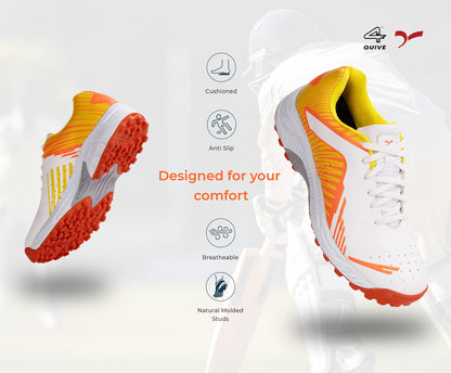 QUIVE SEGA Mid 25 Trainers Cricket Shoes in white and orange, pair view, image 6
