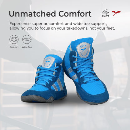 Blue SEGA QUIVE Ring high-top shoes in a front three-quarter comfort feature panel