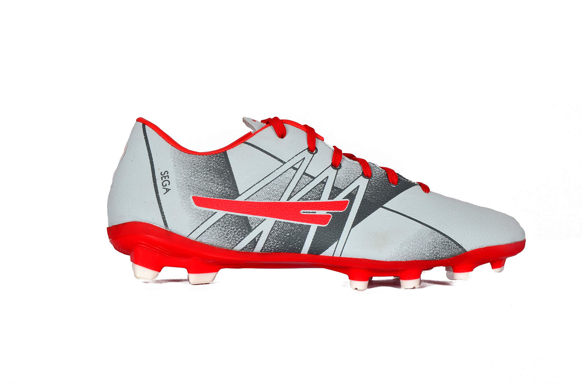 SEGA Brutal football boots, silver and red side profile