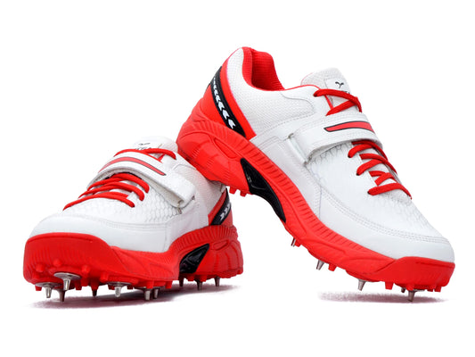 Sega Reach Performance Cricket Shoes Metal Spikes Cricket Boots for Men Grey & Red Sports Training Outdoor Sneakers Optimal Traction Comfortable Fit Shock Absorption Breathability