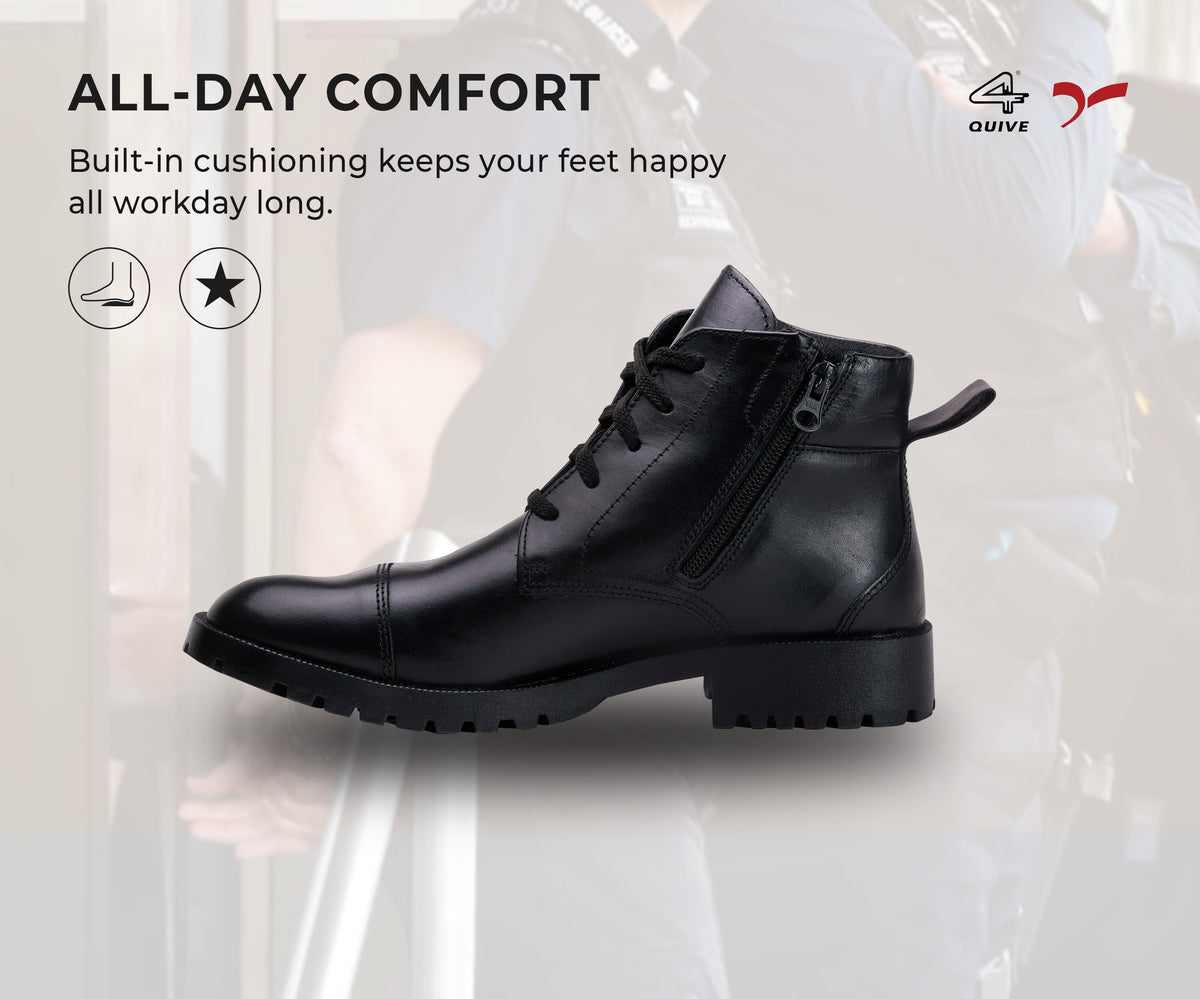 QUIVE SEGA DMS black leather work boots, all-day comfort feature graphic