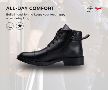 QUIVE SEGA DMS black leather work boots, all-day comfort feature graphic