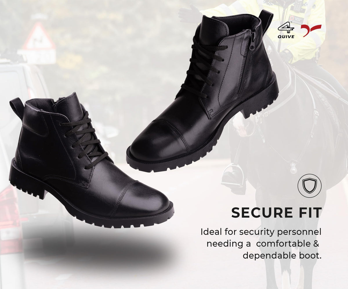 QUIVE SEGA DMS black leather work boots, secure fit feature graphic