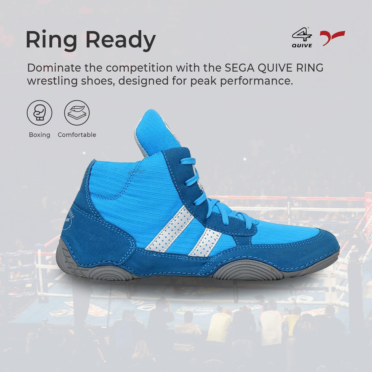 Blue SEGA QUIVE Ring high-top shoe in side profile against a boxing-ring backdrop