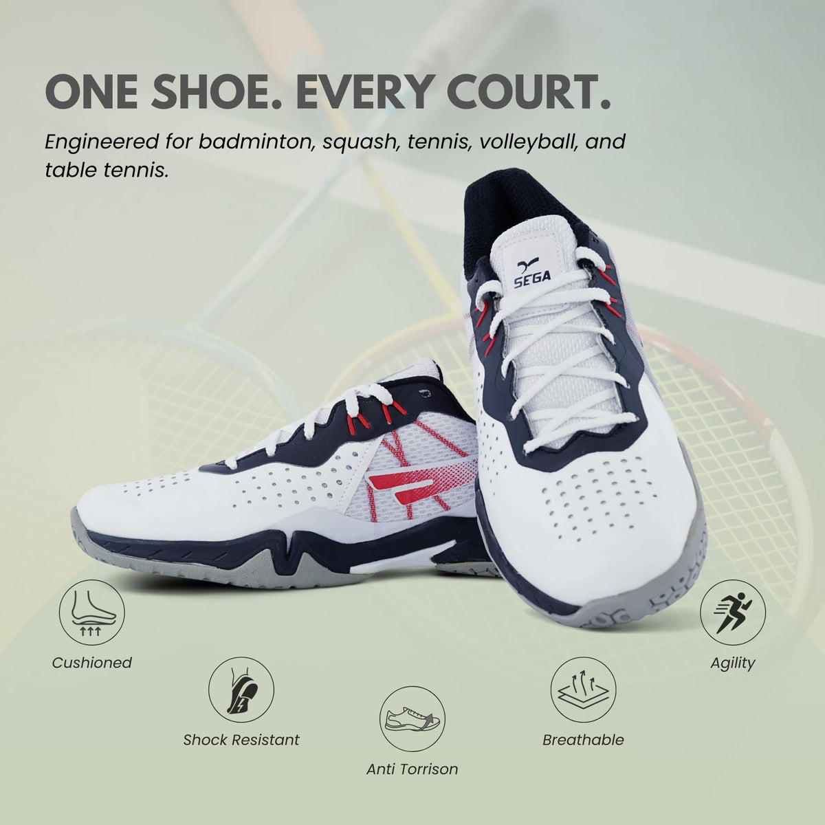 SEGA Freedom 4.0 white court shoes, one-shoe-every-court feature graphic