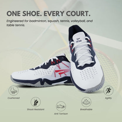 SEGA Freedom 4.0 white court shoes, one-shoe-every-court feature graphic