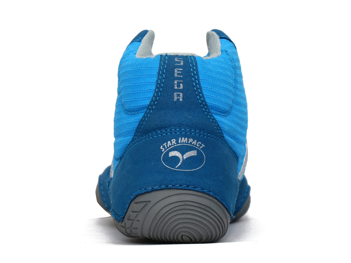 Blue SEGA QUIVE Ring high-top shoe, heel view