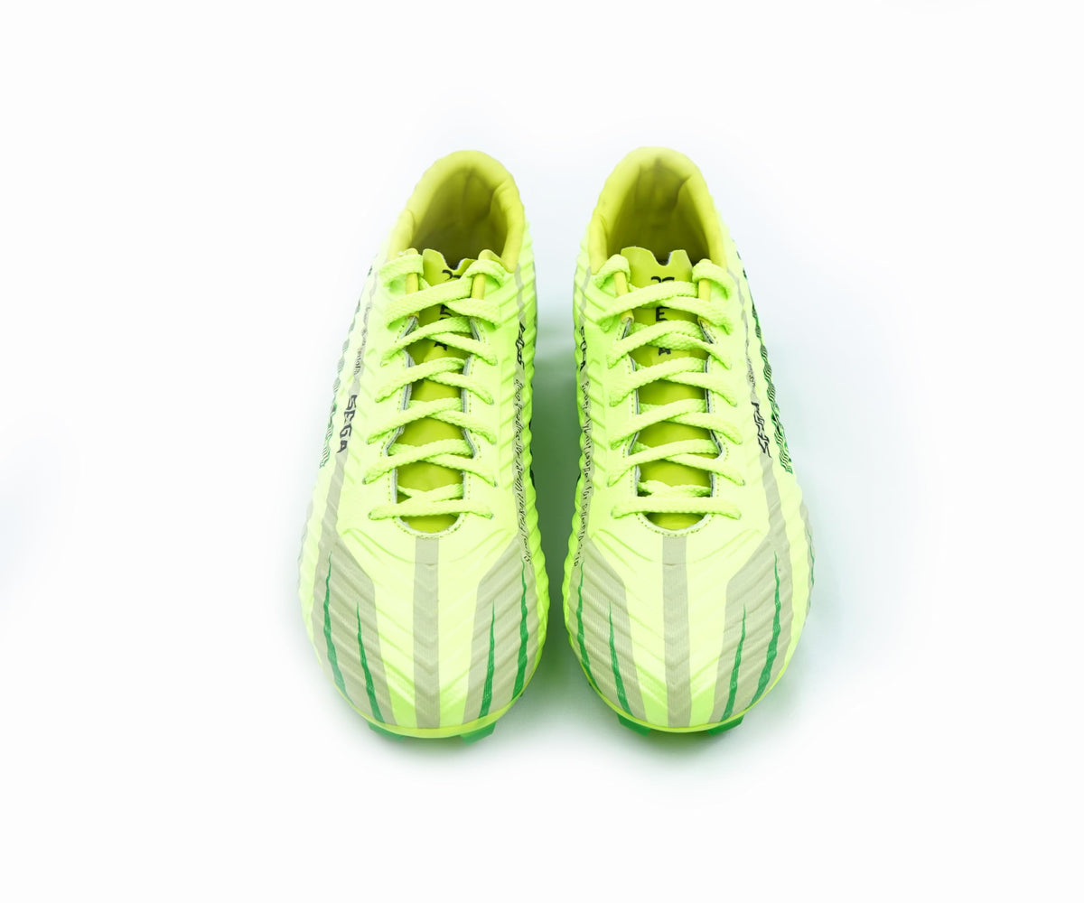 SEGA G-7 lime dual-tone football boots, top view of the pair