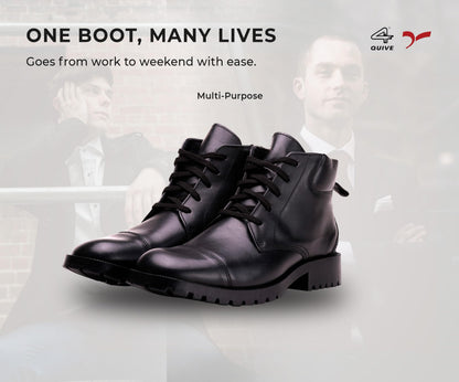 QUIVE SEGA DMS black leather work boots, multi-purpose work boot graphic