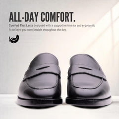 Regent Mens Leather Penny Loafers – Black Slip-On Shoes for Office and Smart Casual Wear