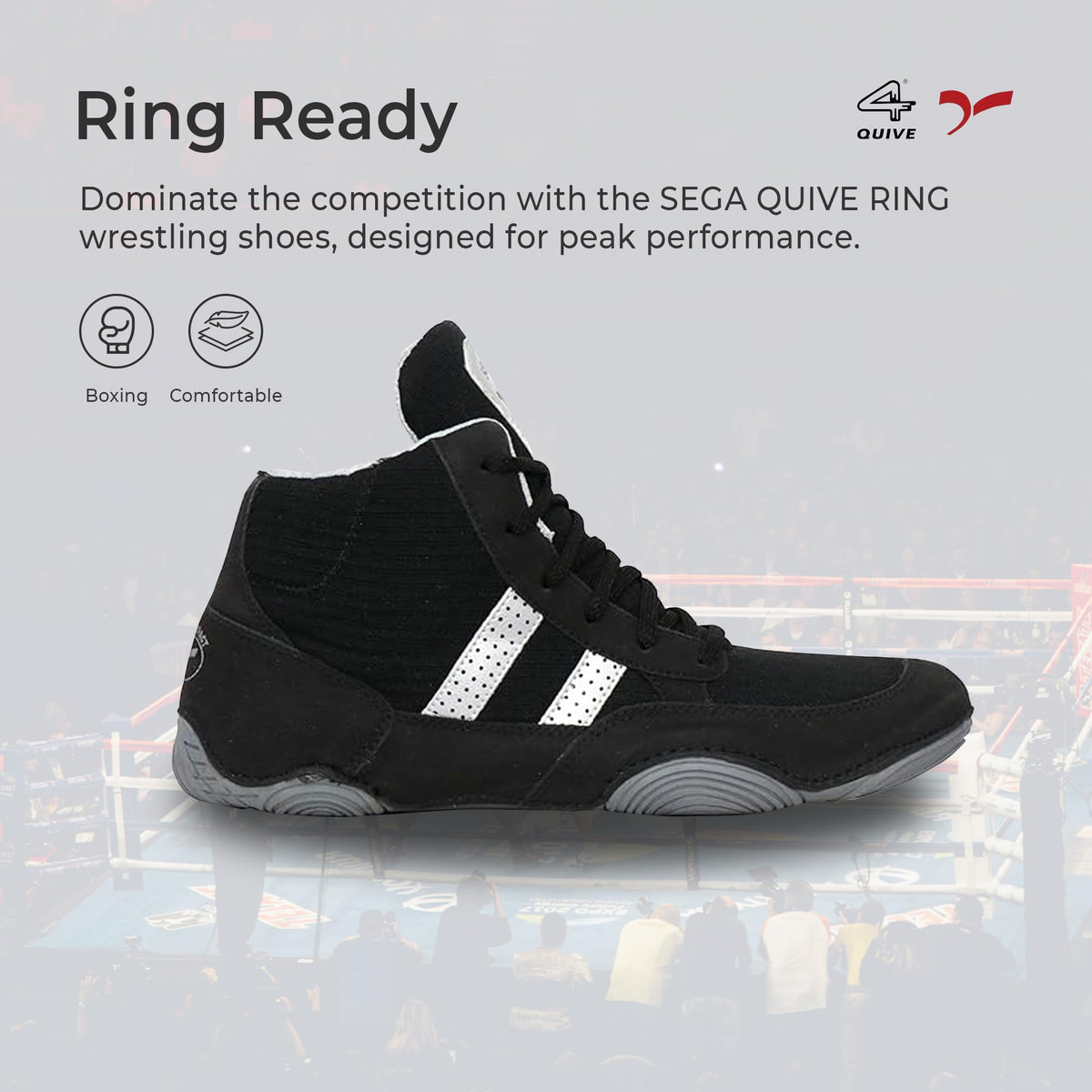 Black SEGA QUIVE Ring high-top shoe in side profile against a boxing-ring backdrop
