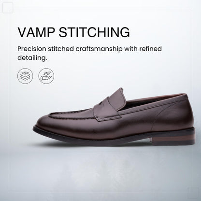 Brown QUIVE London Perth penny loafer in a vamp-stitching detail panel