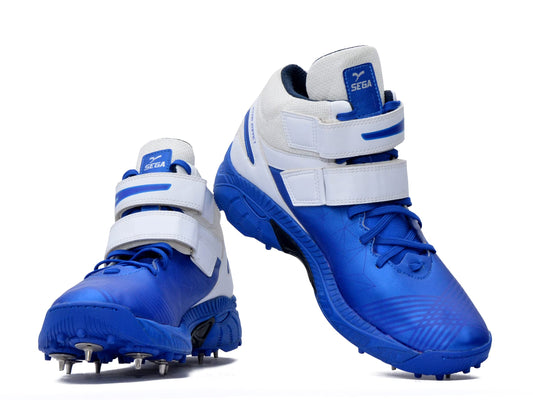 Sega Bold Cricket Shoes Metal Spikes Men's Cricket Boot White Blue and Grey Multiple Sizes. Shock Absorber Additional Ankle Support with laces and dual buckle support Free cricket spikes