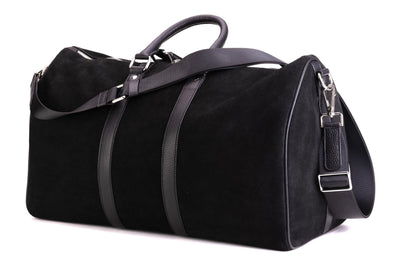 Black QUIVE London Fitzrovia suede weekender bag viewed from above