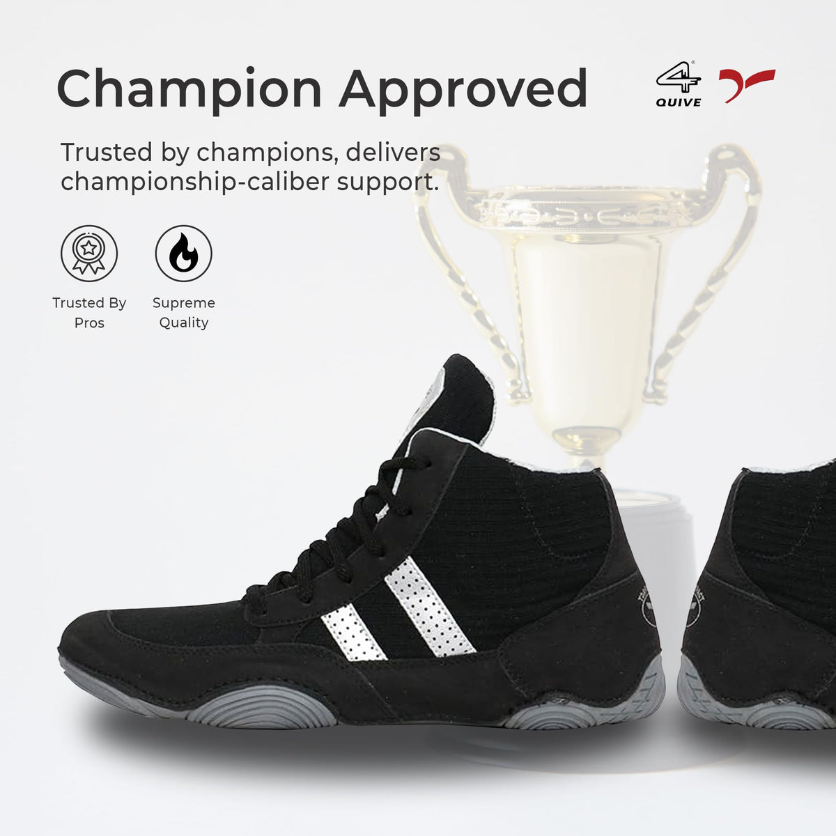 Black SEGA QUIVE Ring high-top shoes in side view with a trophy backdrop