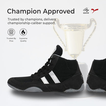Black SEGA QUIVE Ring high-top shoes in side view with a trophy backdrop