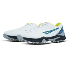 White cricket shoes with blue and black accents on a white background
