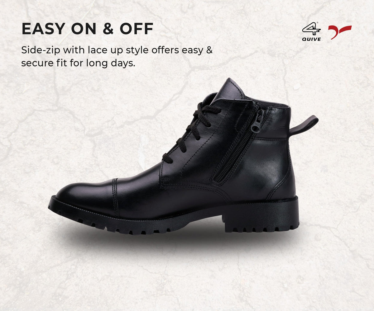 QUIVE SEGA DMS black leather work boots, easy on-and-off side profile graphic