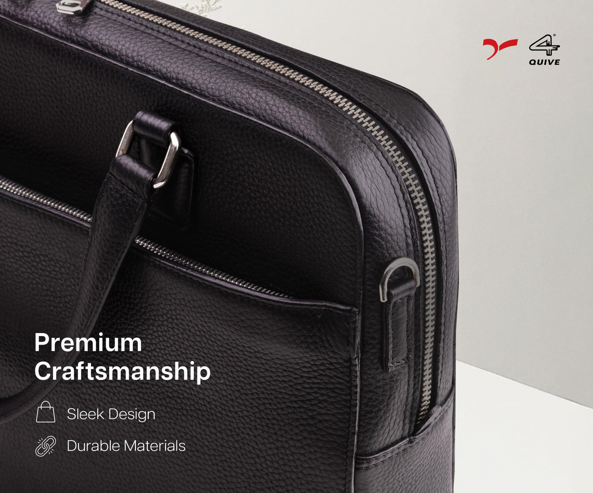 QUIVE London Cavendish leather laptop bag, zipper and grain detail