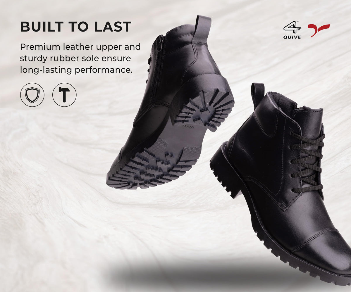 QUIVE SEGA DMS black leather work boots, built-to-last construction graphic